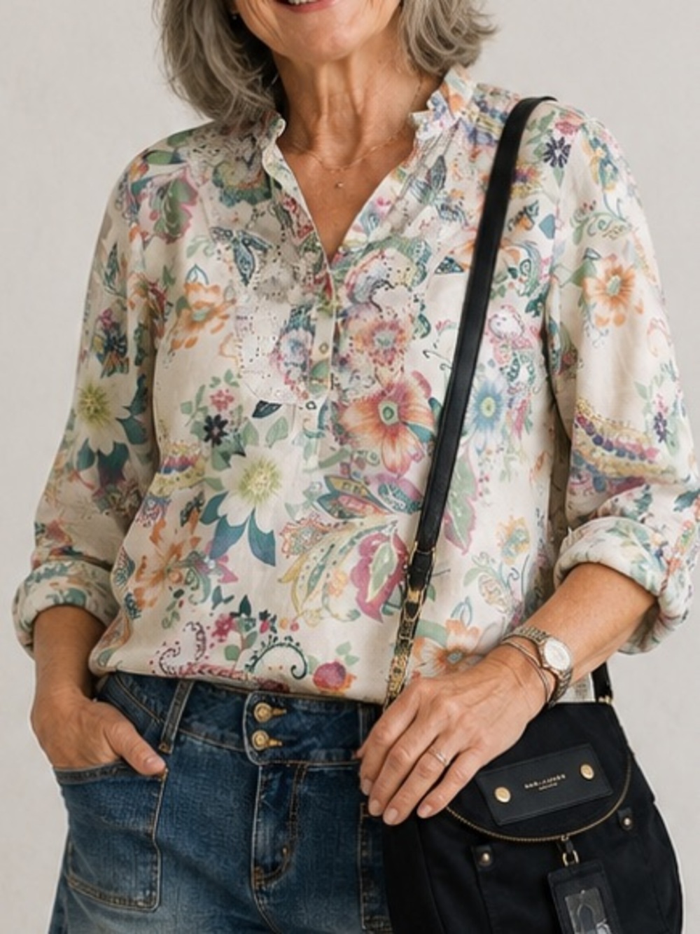 Malvin 100% Linen Floral Blouse 1/4 Button down Eyelet lace Cuffs Lace